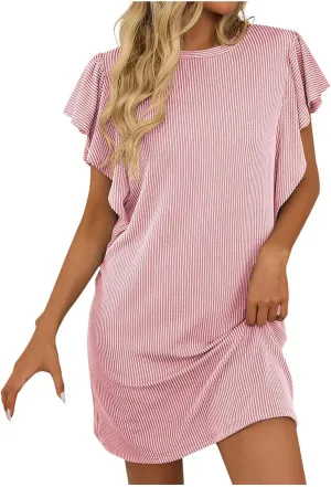 hlysgo Women Summer Casual Dress Ruffle Sleeve Crewneck Mini Tshirt Dresses 2025 Vacation Beach Boho Short Sundress