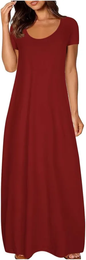 hlysgo Womens 2025 Trendy Summer Long Dresses Short Sleeve Scoop Neck Plus Size Lounge Midi Dress Solid Casual Dress