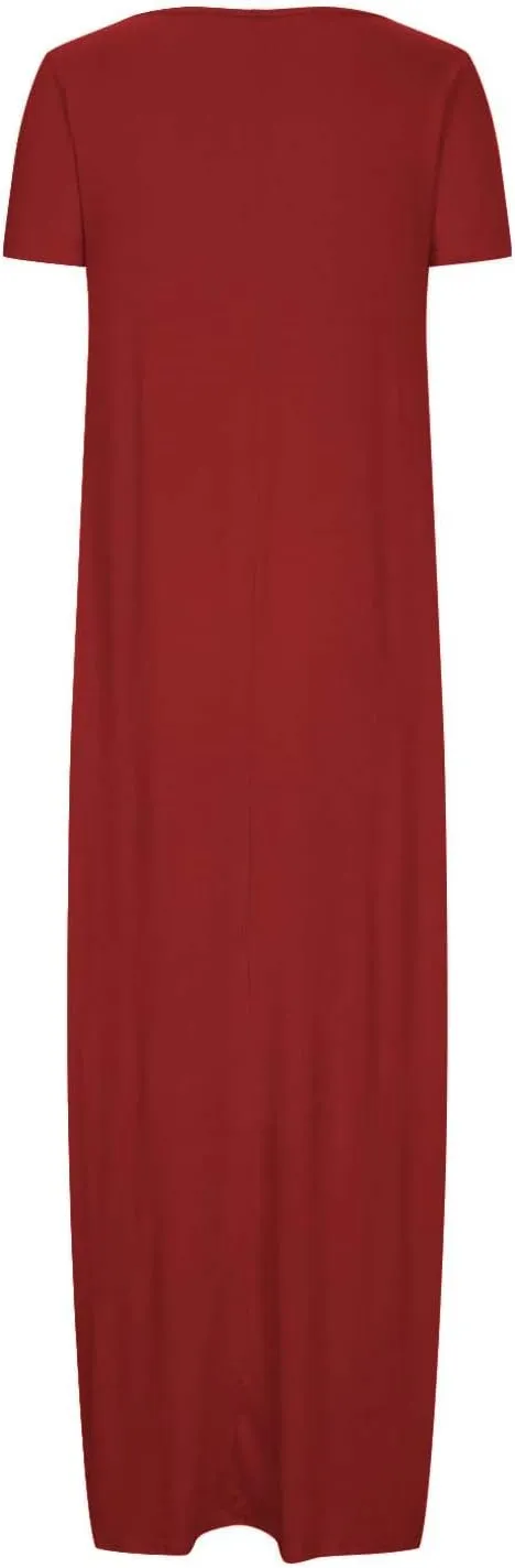 hlysgo Womens 2025 Trendy Summer Long Dresses Short Sleeve Scoop Neck Plus Size Lounge Midi Dress Solid Casual Dress