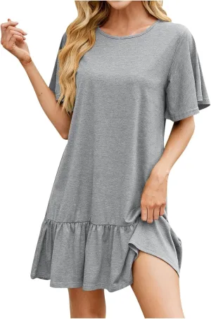 hlysgo Women's Short Sleeve Casual Dress Round Neck Soft Pajamas Ruffle Mini Dress Loose Fit Comfy Loungewear