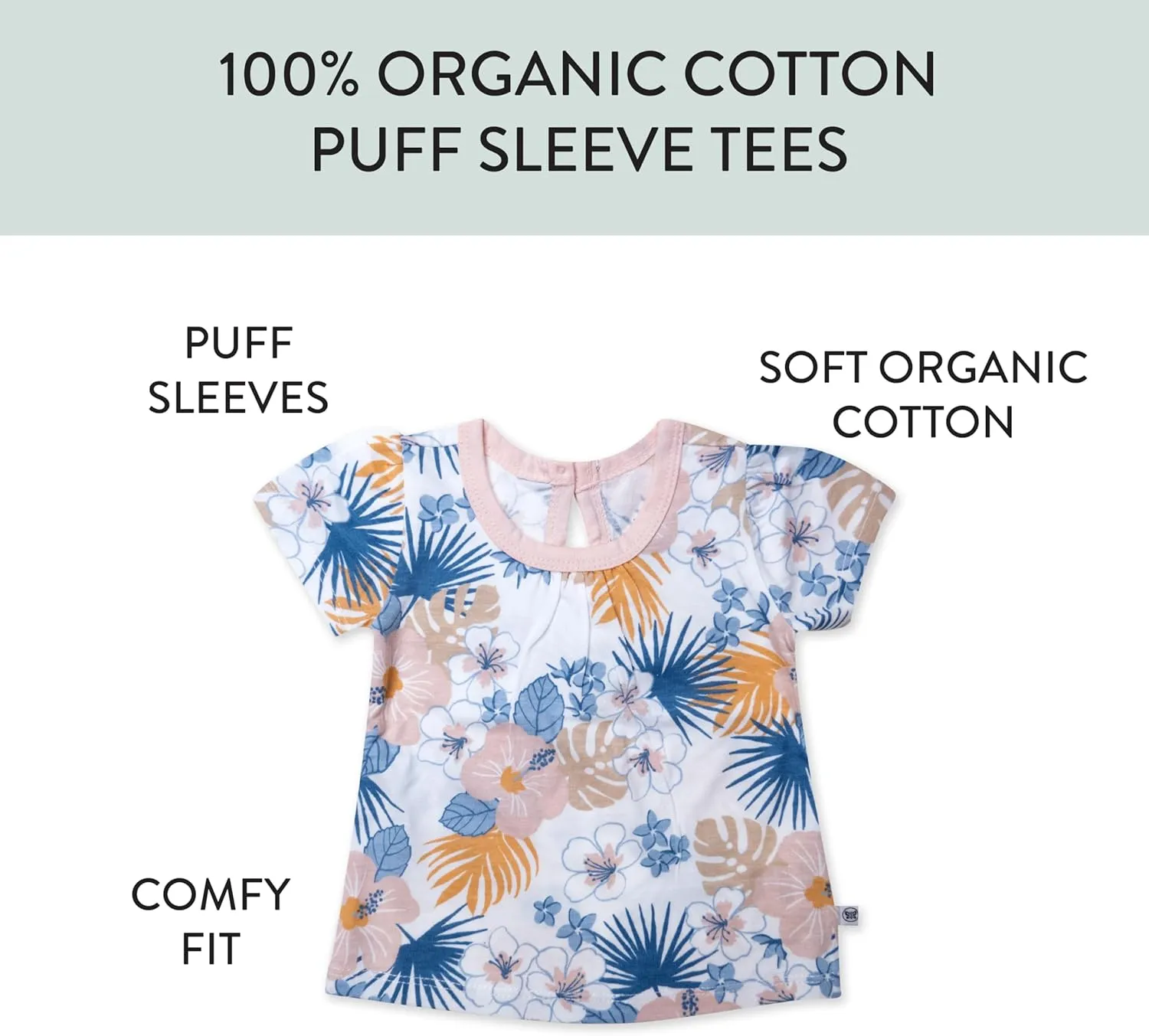 HonestBaby 5-Pack Puff Sleeve T-Shirts 100% Organic Cotton Baby, Toddler, Little Kid, Girl