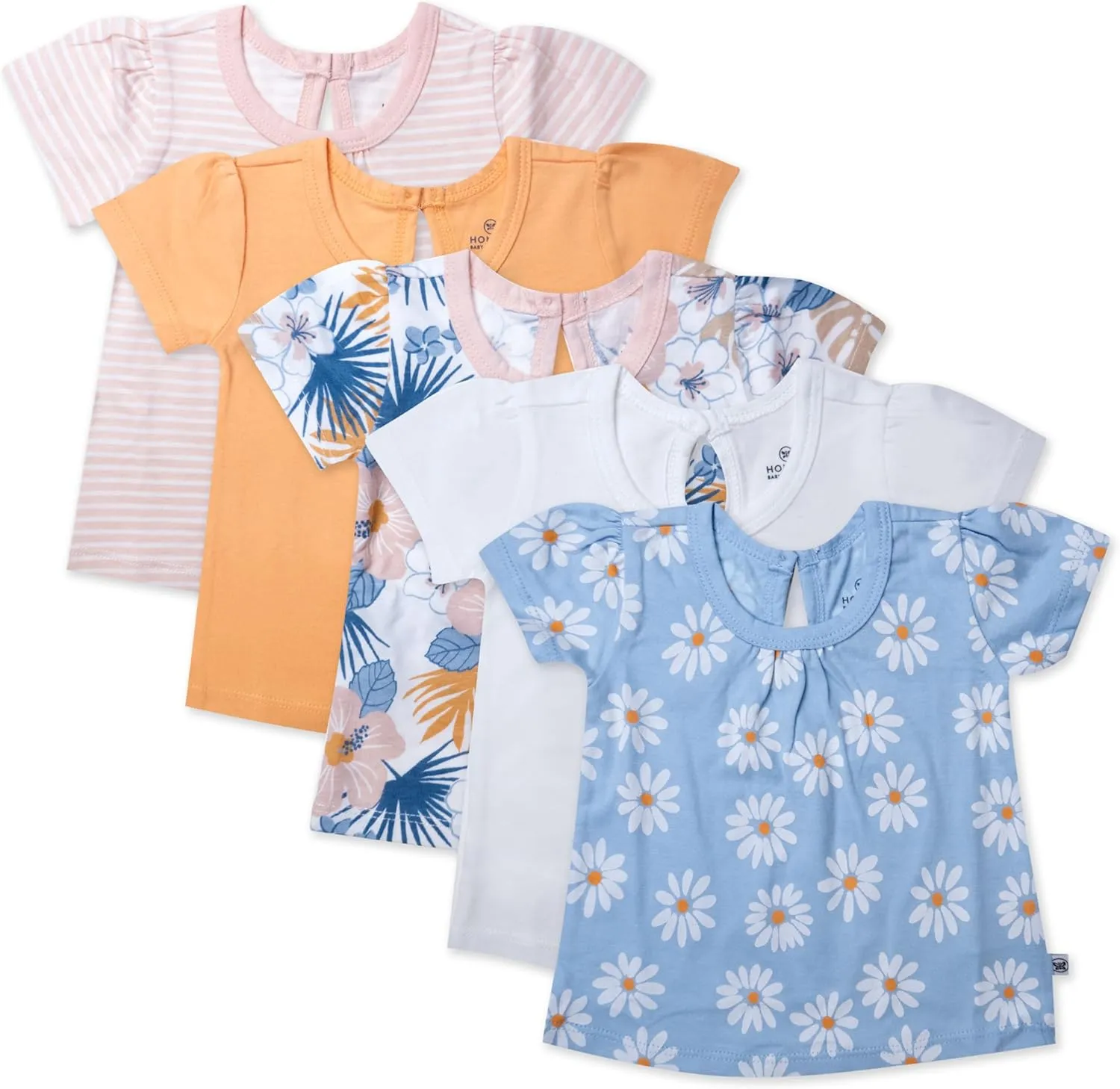 HonestBaby 5-Pack Puff Sleeve T-Shirts 100% Organic Cotton Baby, Toddler, Little Kid, Girl