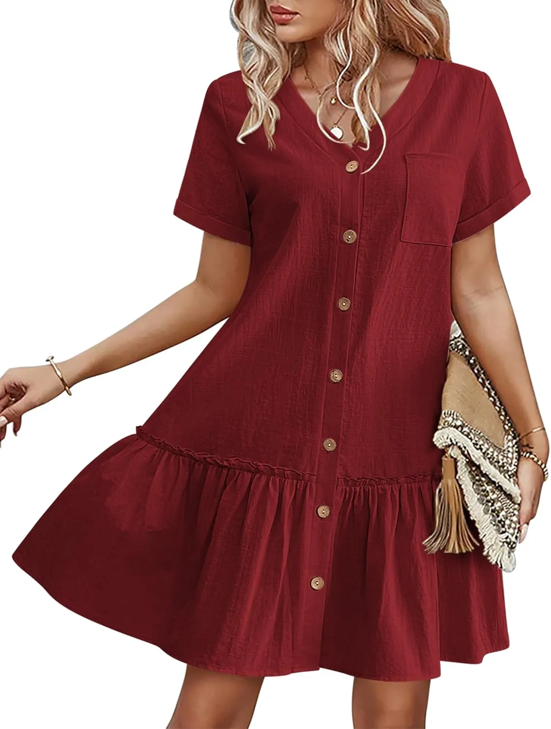 HOTOUCH Women Cotton Linen Dress With Ruffle Hem - Casual Button Down