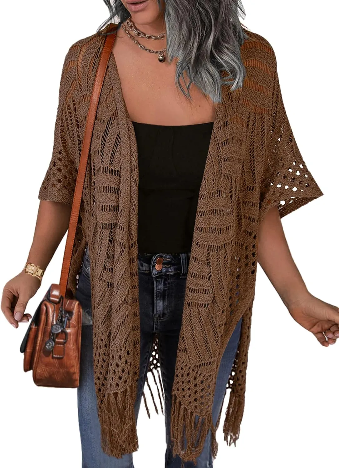 HOTOUCH Womens Knit Cardigan Open Front Outwear Hollow Out Crochet Tassel Lightweight Kimonos Sweater S-XXL