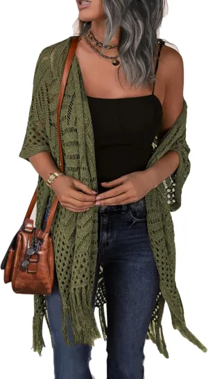 HOTOUCH Womens Knit Cardigan Open Front Outwear Hollow Out Crochet Tassel Lightweight Kimonos Sweater S-XXL