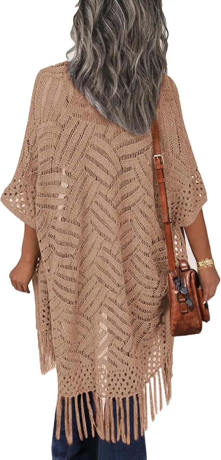 HOTOUCH Womens Knit Cardigan Open Front Outwear Hollow Out Crochet Tassel Lightweight Kimonos Sweater S-XXL