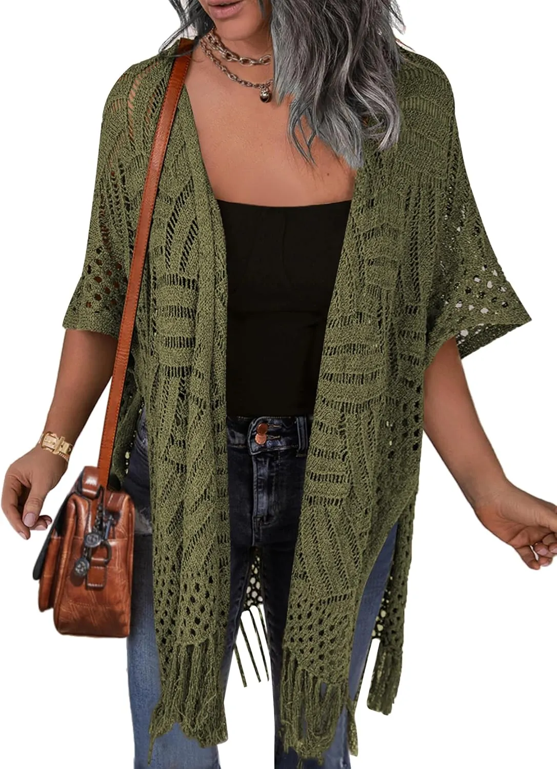HOTOUCH Womens Knit Cardigan Open Front Outwear Hollow Out Crochet Tassel Lightweight Kimonos Sweater S-XXL