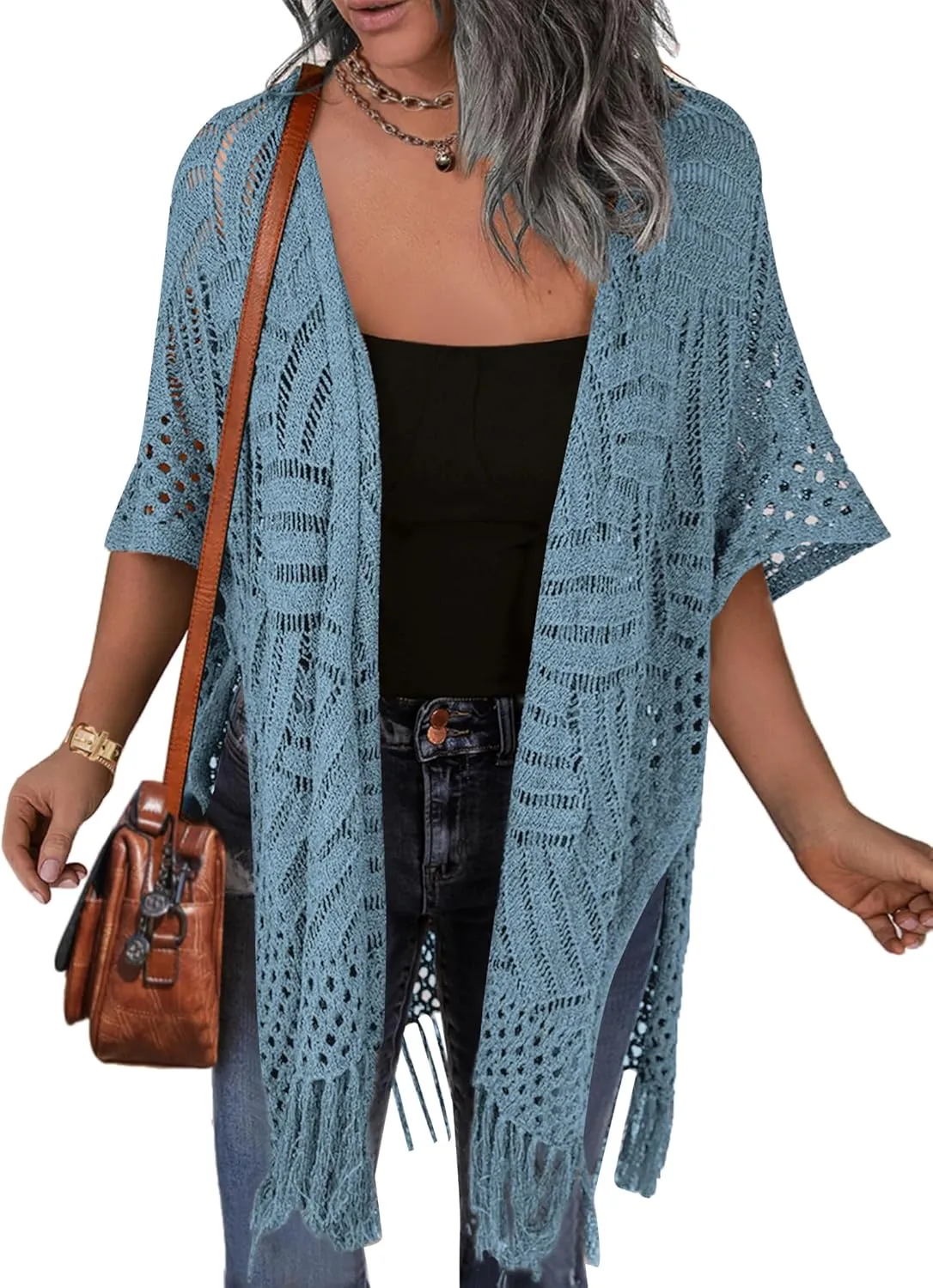 HOTOUCH Womens Knit Cardigan Open Front Outwear Hollow Out Crochet Tassel Lightweight Kimonos Sweater S-XXL