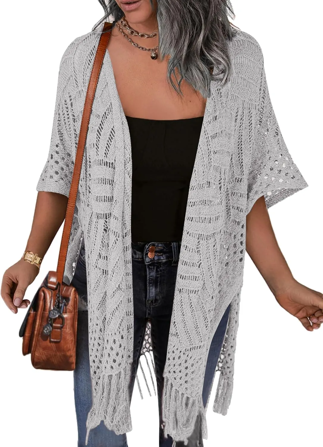 HOTOUCH Womens Knit Cardigan Open Front Outwear Hollow Out Crochet Tassel Lightweight Kimonos Sweater S-XXL