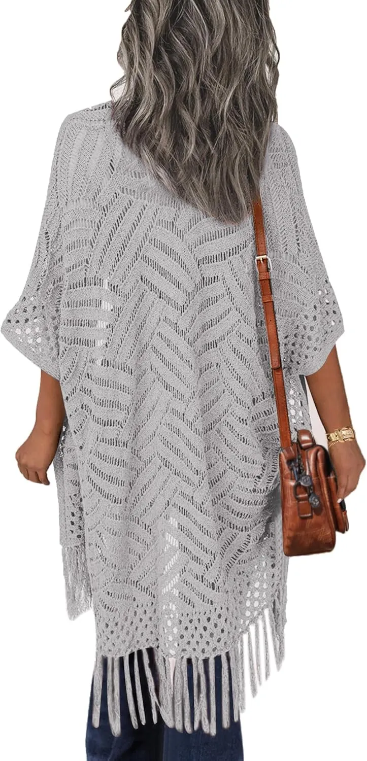 HOTOUCH Womens Knit Cardigan Open Front Outwear Hollow Out Crochet Tassel Lightweight Kimonos Sweater S-XXL
