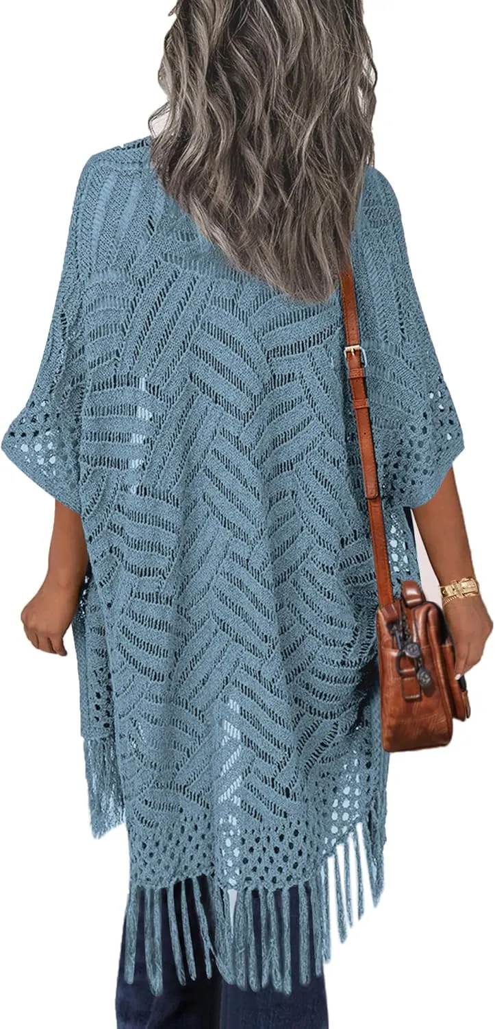 HOTOUCH Womens Knit Cardigan Open Front Outwear Hollow Out Crochet Tassel Lightweight Kimonos Sweater S-XXL