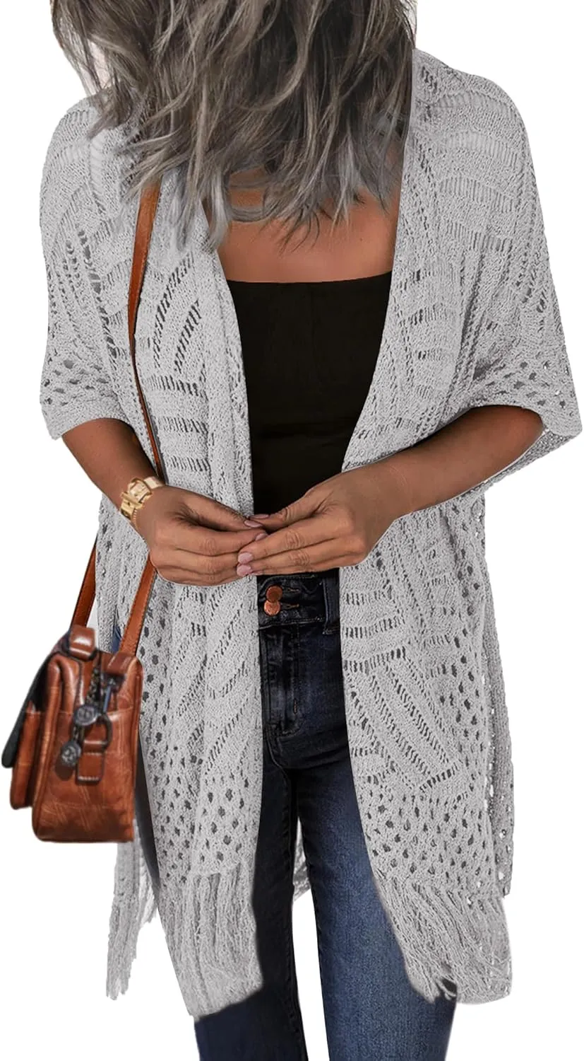 HOTOUCH Womens Knit Cardigan Open Front Outwear Hollow Out Crochet Tassel Lightweight Kimonos Sweater S-XXL