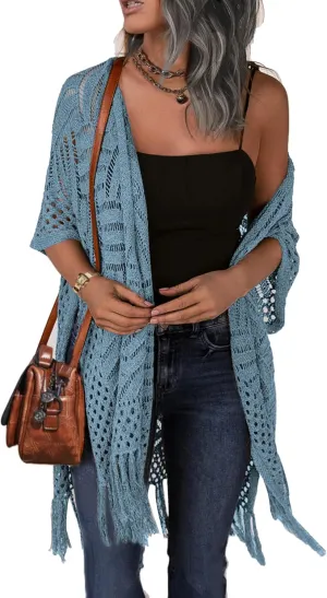 HOTOUCH Womens Knit Cardigan Open Front Outwear Hollow Out Crochet Tassel Lightweight Kimonos Sweater S-XXL