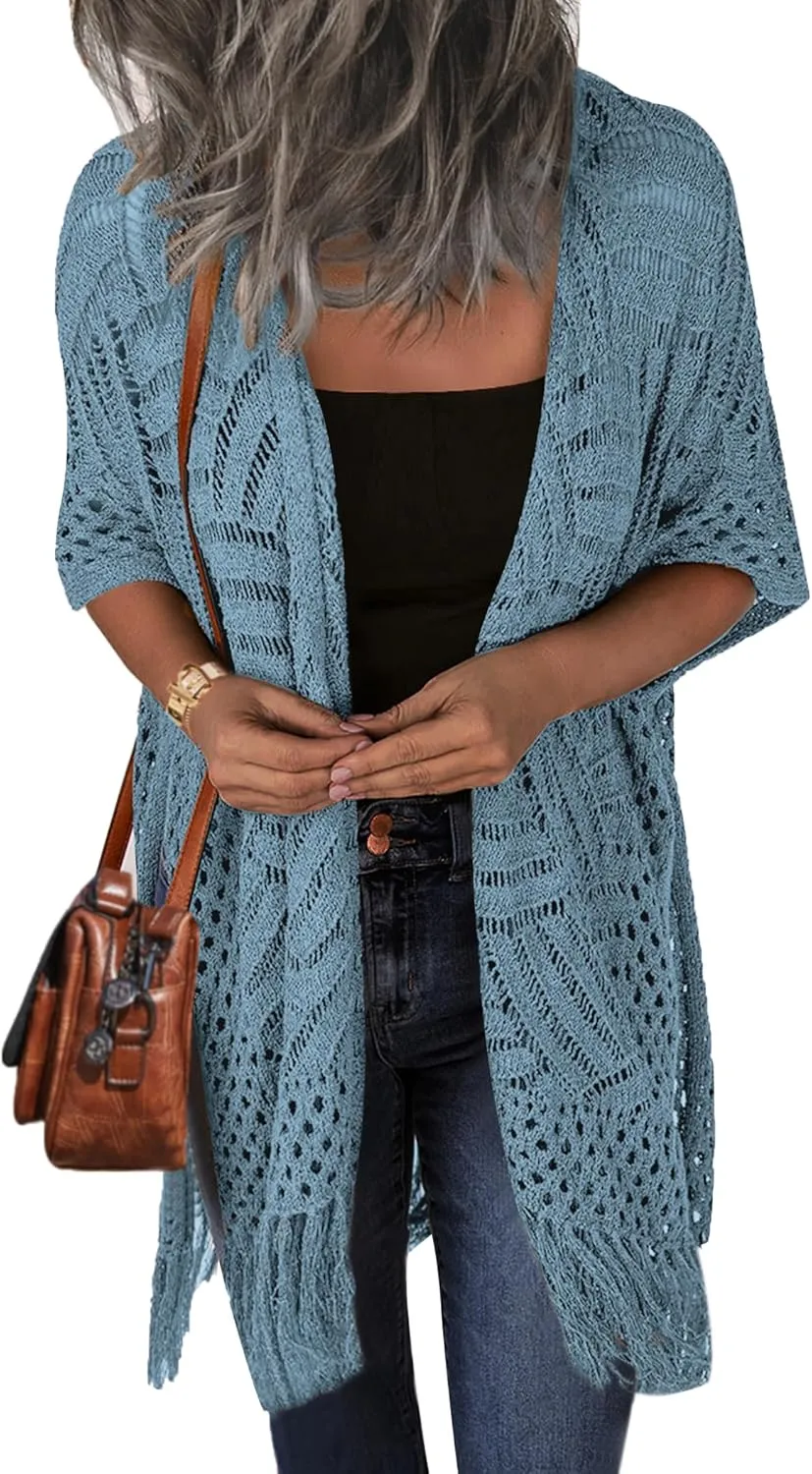 HOTOUCH Womens Knit Cardigan Open Front Outwear Hollow Out Crochet Tassel Lightweight Kimonos Sweater S-XXL