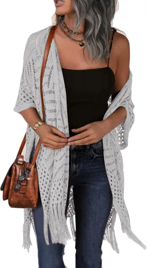 HOTOUCH Womens Knit Cardigan Open Front Outwear Hollow Out Crochet Tassel Lightweight Kimonos Sweater S-XXL