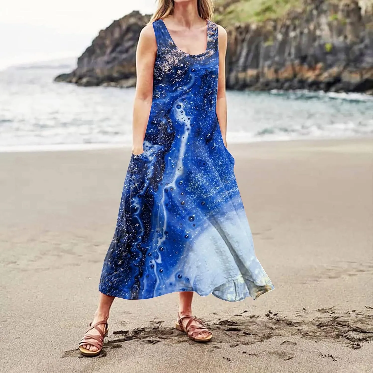 HXHYQKP Plus Size Dresses for Curvy Women - Sleeveless Summer Maxi Sun Dresses with Pockets
