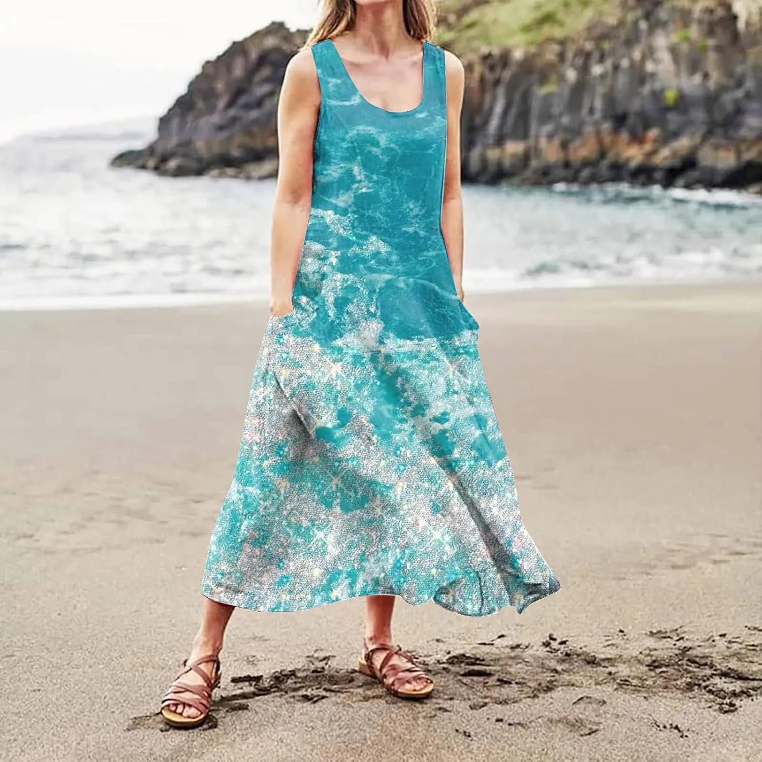 HXHYQKP Plus Size Dresses for Curvy Women - Sleeveless Summer Maxi Sun Dresses with Pockets