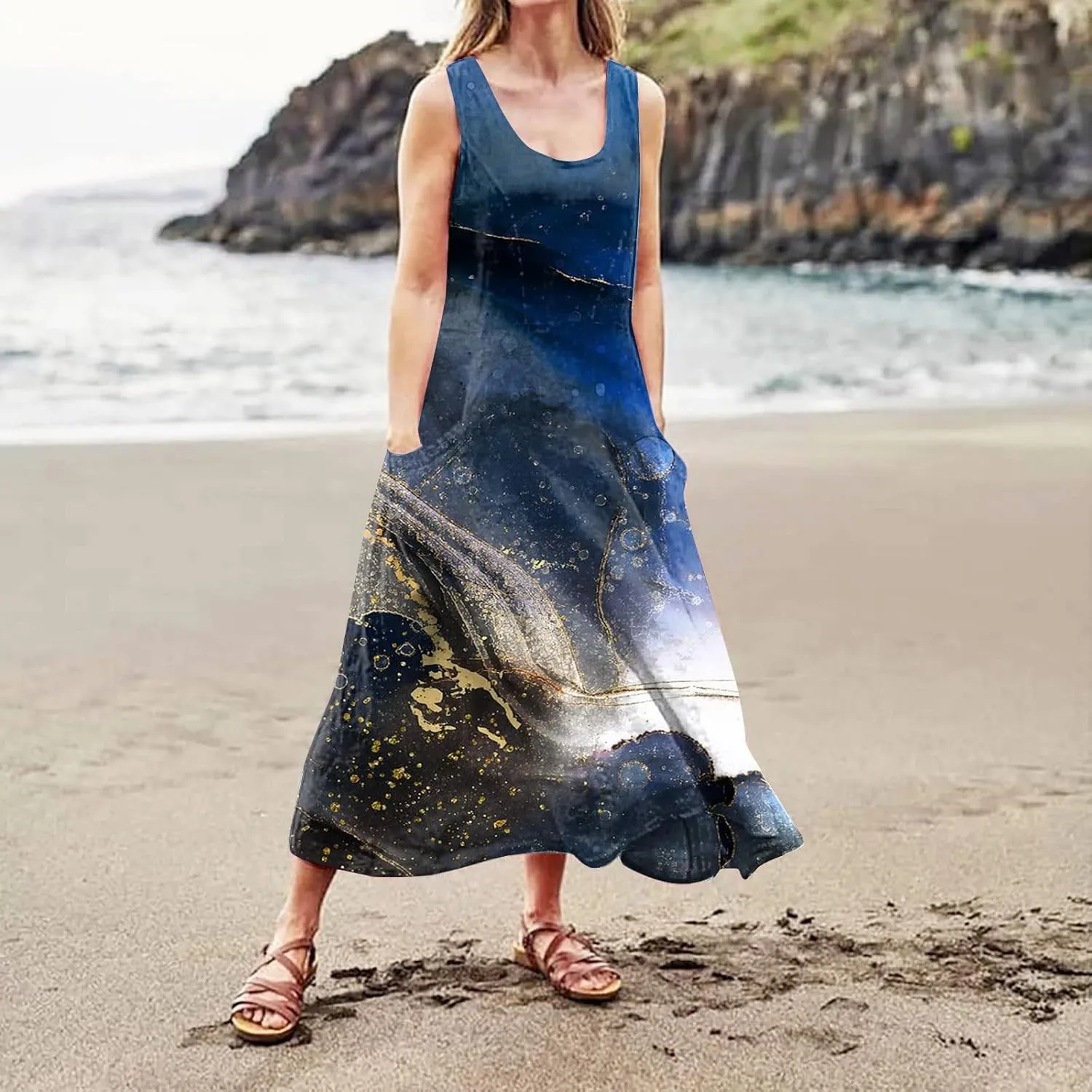 HXHYQKP Plus Size Dresses for Curvy Women - Sleeveless Summer Maxi Sun Dresses with Pockets