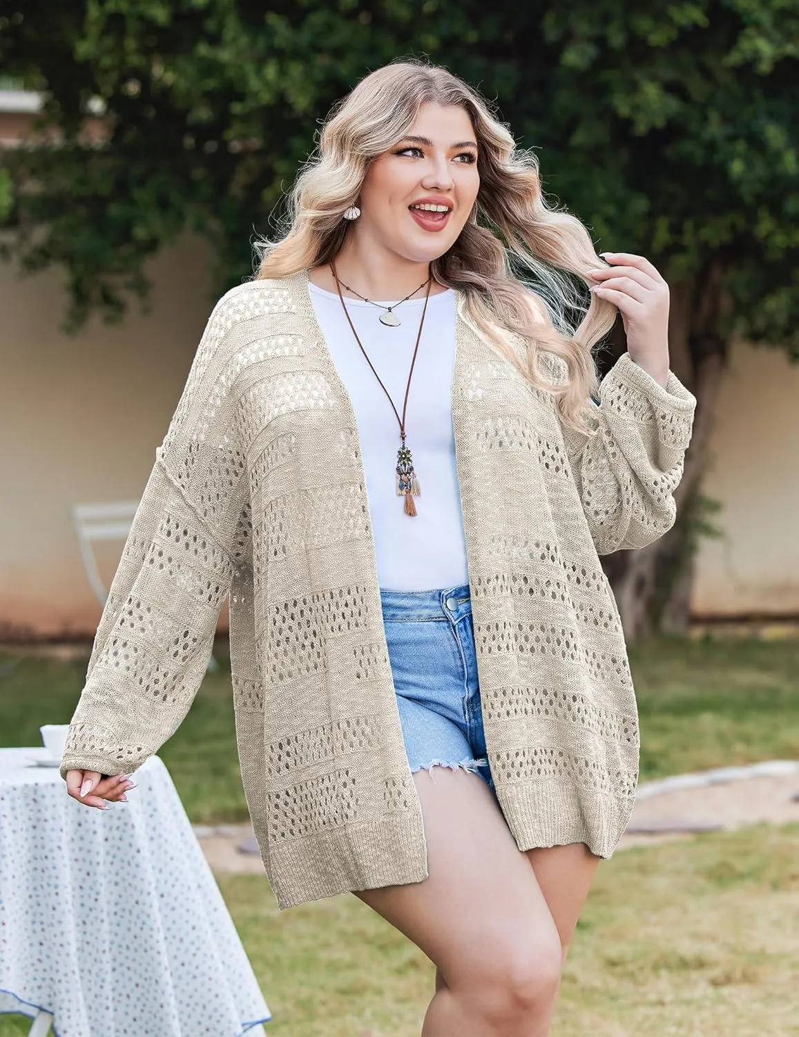 IN'VOLAND Womens Plus Size Crochet Cardigan Kimonos Boho Long Sleeve Oversized Summer Open Front Knitted Sweater