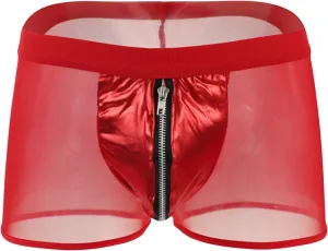 JEsilunmaMY Men's See Through Boxer Briefs Mid Rise Mesh Leather Underwear with Zip Pouch Breathable Under Panties Lingerie