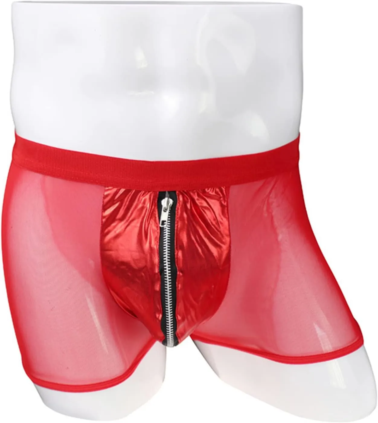 JEsilunmaMY Men's See Through Boxer Briefs Mid Rise Mesh Leather Underwear with Zip Pouch Breathable Under Panties Lingerie