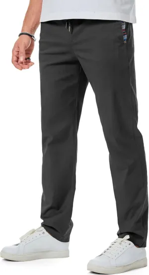 JMIERR Men's Casual Pants Cotton Twill Drawstring Elastic Waist Chino Pants with Pockets