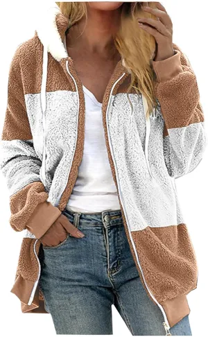 jovati Fleece Jacket Women Zip Up Color Block Hoodie Sweatshirts Long Sleeve Cardigan Fall Clothes 2023 Loose Fit Sweater
