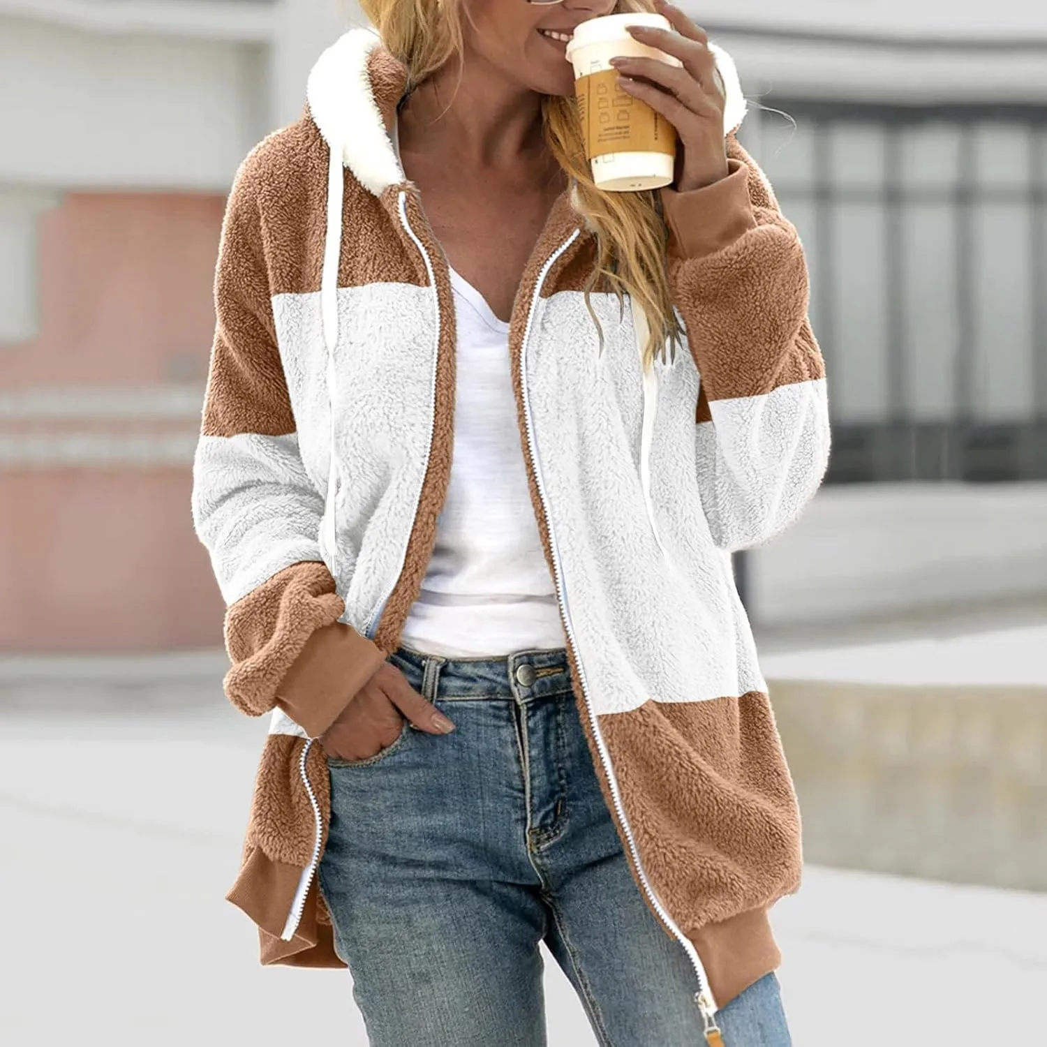 jovati Fleece Jacket Women Zip Up Color Block Hoodie Sweatshirts Long Sleeve Cardigan Fall Clothes 2023 Loose Fit Sweater