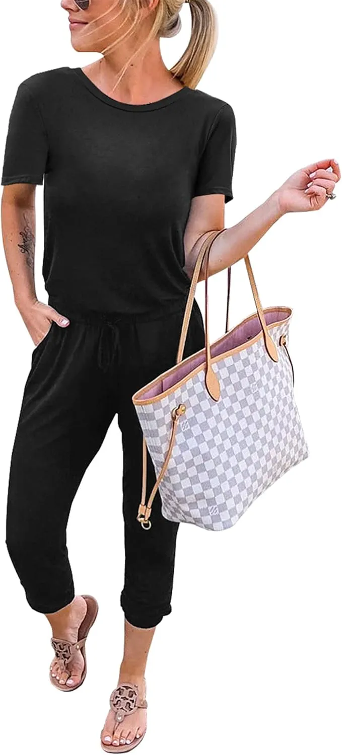 KIRUNDO Jumpsuits for Women Summer 2025 Casual Short Sleeve One Piece Outfits Drawstring Waist Long Pants Romper Jumpers