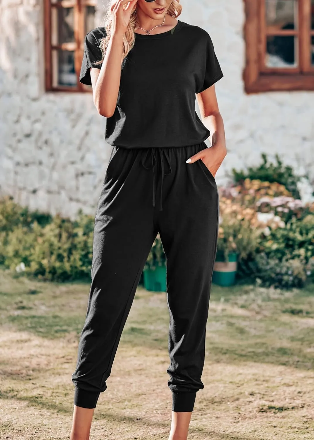 KIRUNDO Jumpsuits for Women Summer 2025 Casual Short Sleeve One Piece Outfits Drawstring Waist Long Pants Romper Jumpers