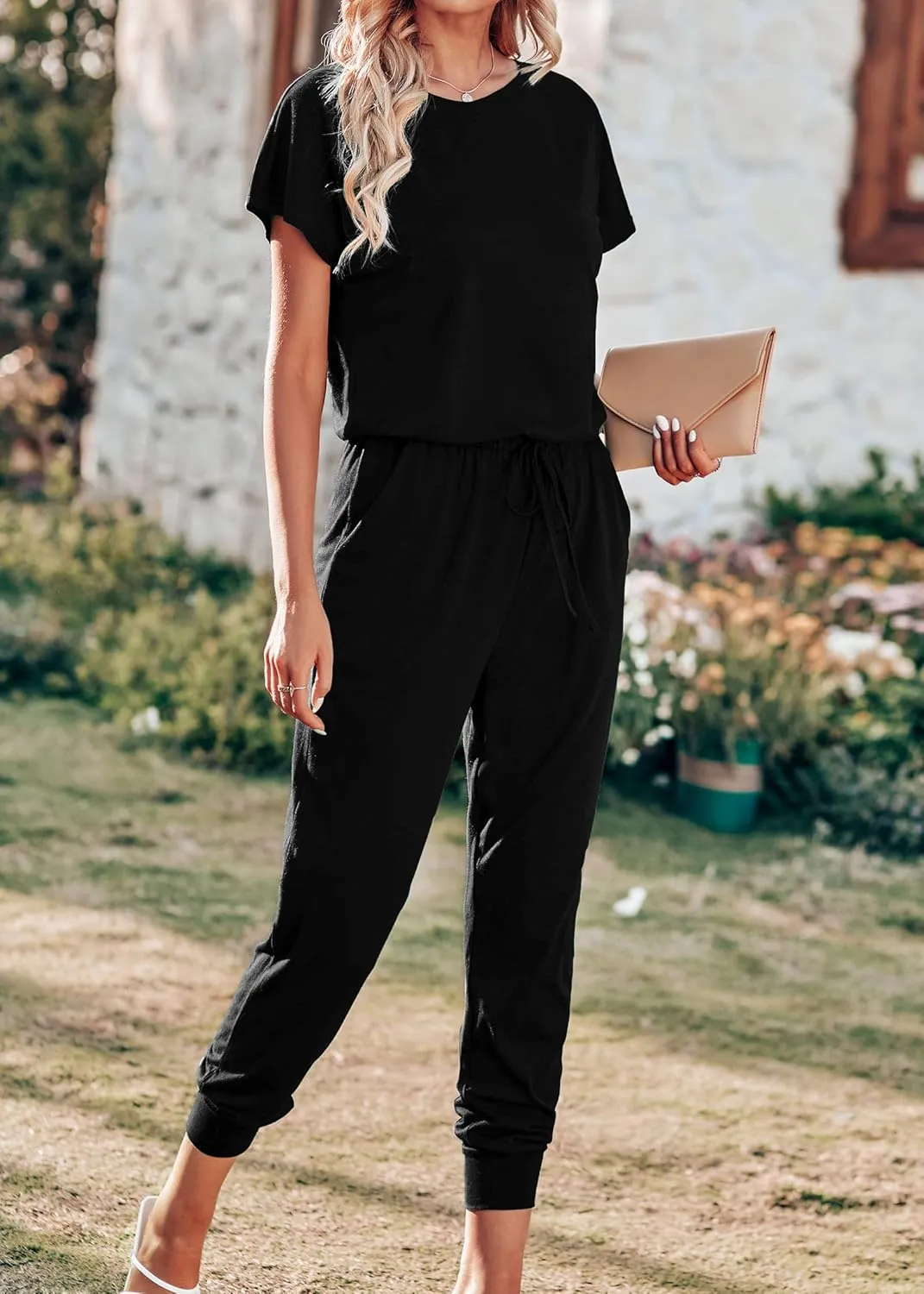 KIRUNDO Jumpsuits for Women Summer 2025 Casual Short Sleeve One Piece Outfits Drawstring Waist Long Pants Romper Jumpers