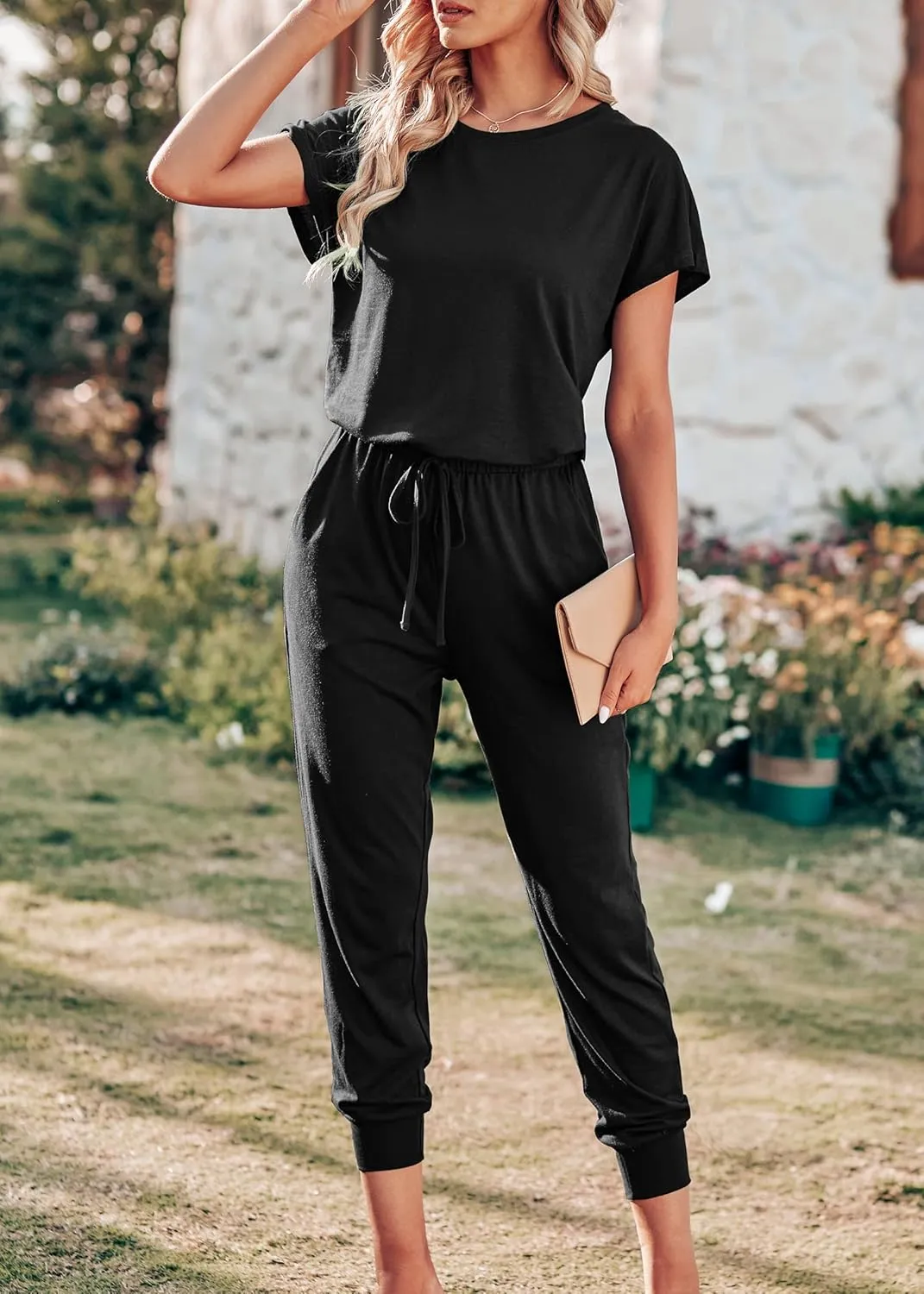 KIRUNDO Jumpsuits for Women Summer 2025 Casual Short Sleeve One Piece Outfits Drawstring Waist Long Pants Romper Jumpers