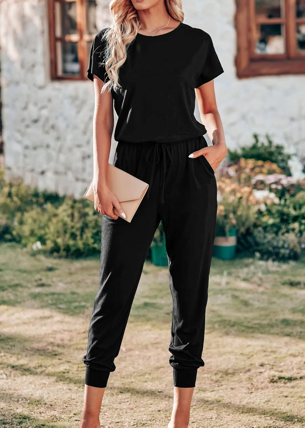 KIRUNDO Jumpsuits for Women Summer 2025 Casual Short Sleeve One Piece Outfits Drawstring Waist Long Pants Romper Jumpers