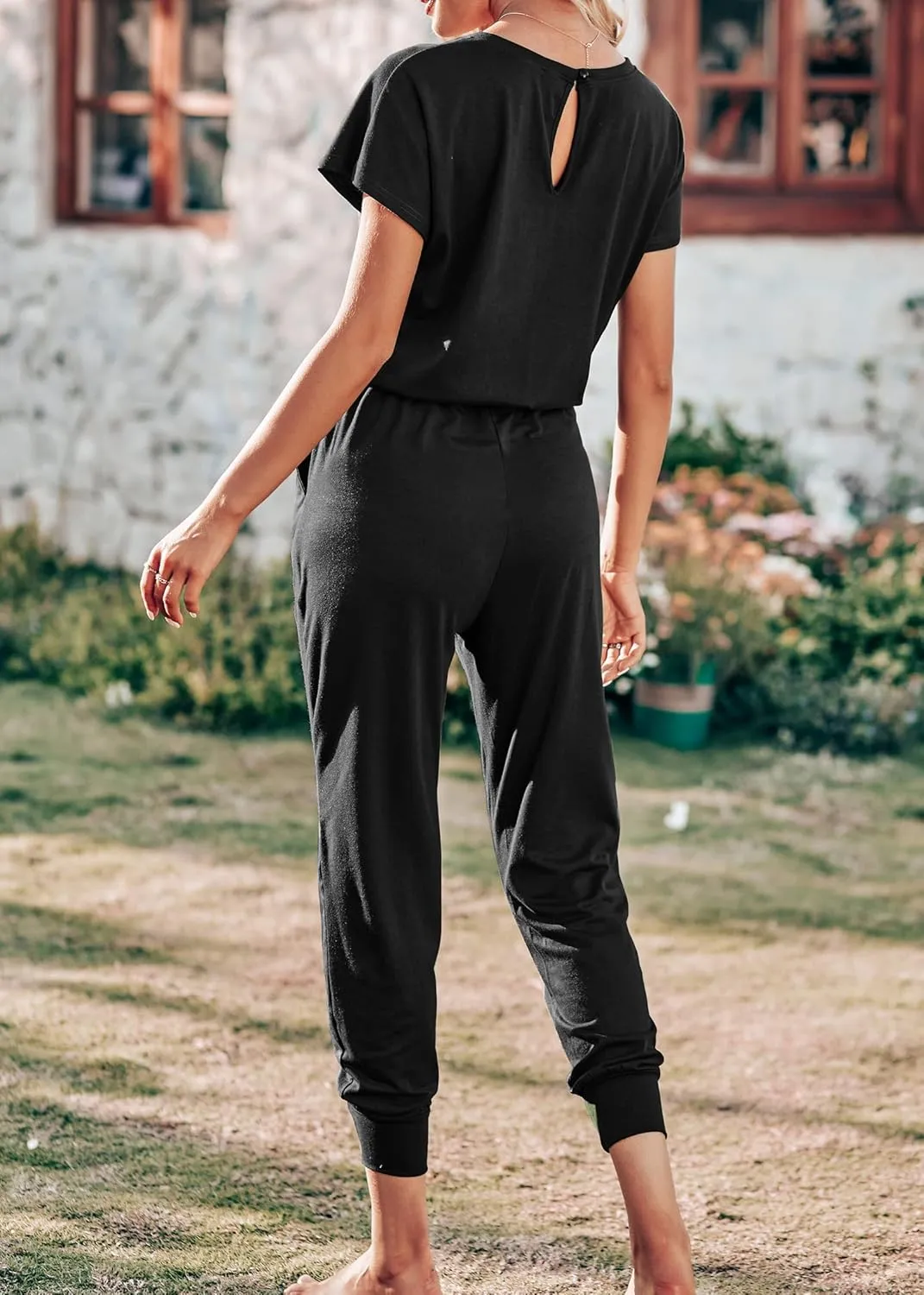 KIRUNDO Jumpsuits for Women Summer 2025 Casual Short Sleeve One Piece Outfits Drawstring Waist Long Pants Romper Jumpers