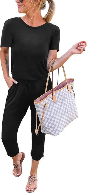 KIRUNDO Jumpsuits for Women Summer 2025 Casual Short Sleeve One Piece Outfits Drawstring Waist Long Pants Romper Jumpers