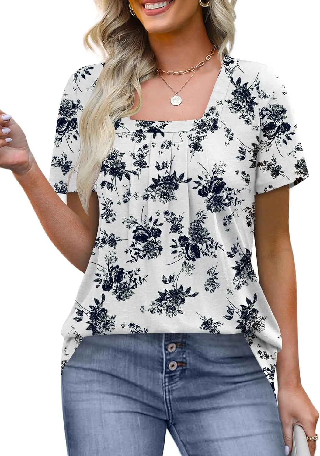 KTILG Womens Square Neck Short Sleeve Tunic Tops Loose Pleated Front T Shirts Casual Summer 2025 S-3XL