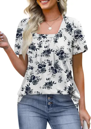 KTILG Womens Square Neck Short Sleeve Tunic Tops Loose Pleated Front T Shirts Casual Summer 2025 S-3XL