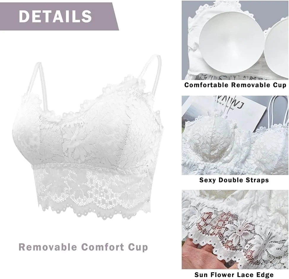 Lace Bandeau Bras with Strap Sunflower Wrapped Bralettes Deep V Neck Padded Sports Bra Bralette for Women Multipack