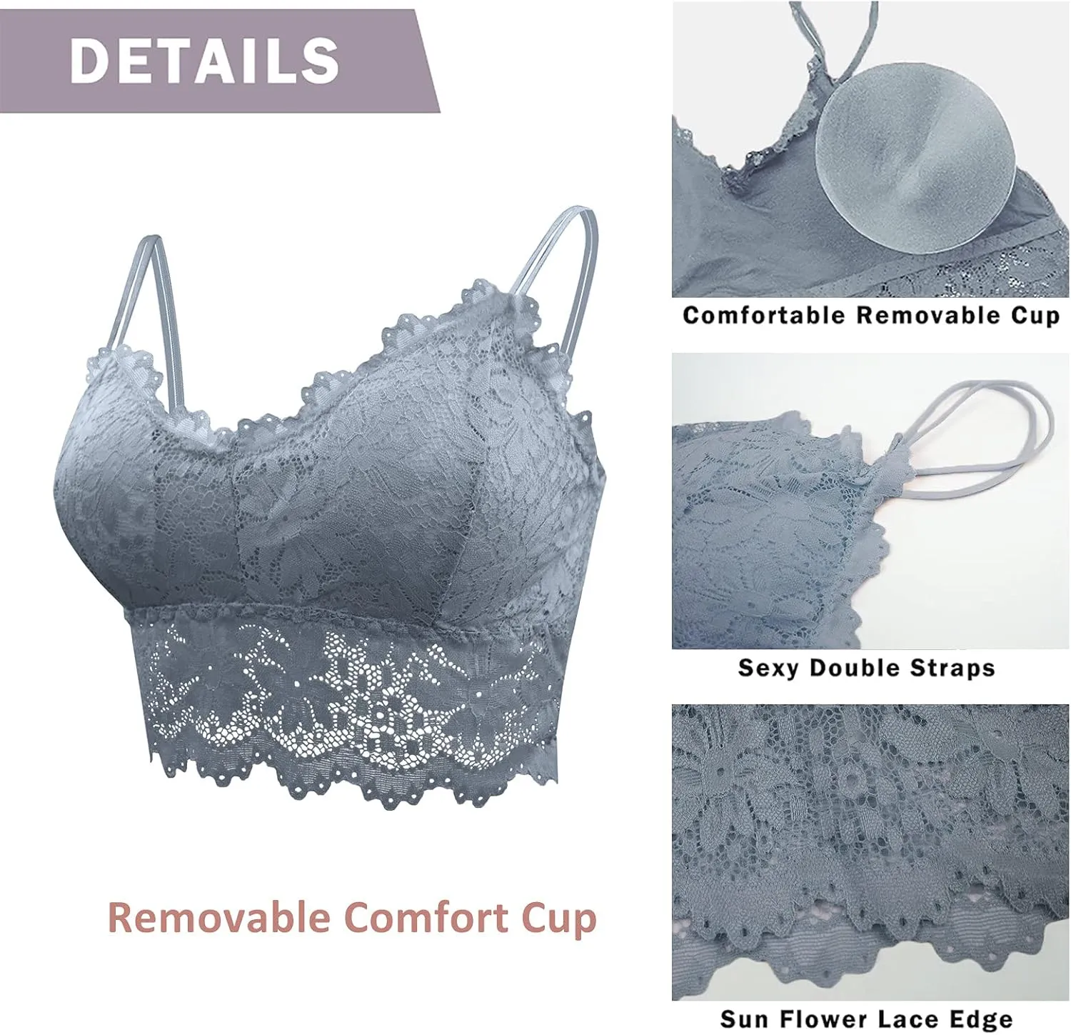Lace Bandeau Bras with Strap Sunflower Wrapped Bralettes Deep V Neck Padded Sports Bra Bralette for Women Multipack