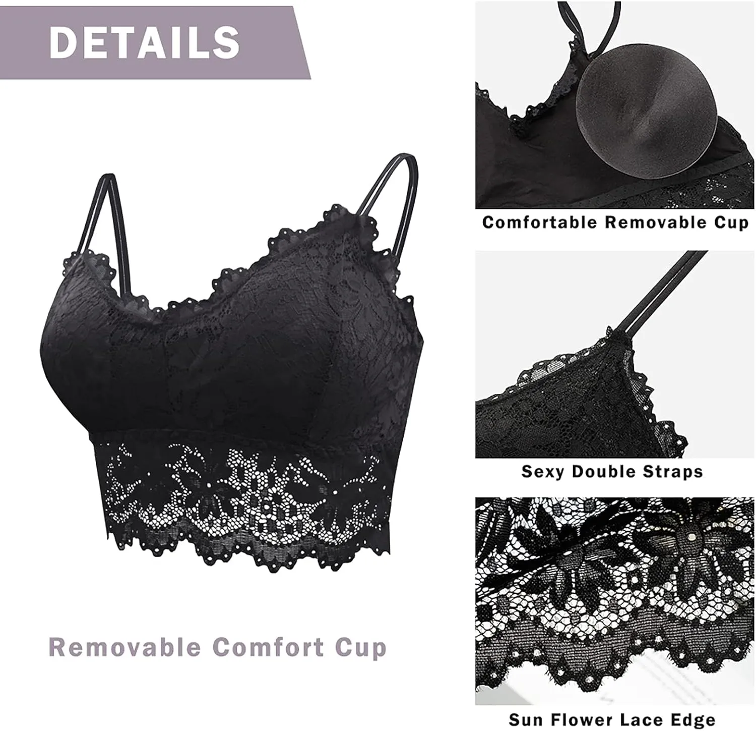 Lace Bandeau Bras with Strap Sunflower Wrapped Bralettes Deep V Neck Padded Sports Bra Bralette for Women Multipack
