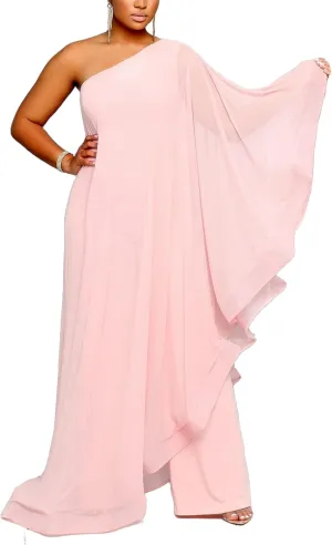 LAJIOJIO Women's One Shoulder Asymmetric Ruffle Loose Long Sleeve Elegant Jumpsuit Wide Leg Long Pants Rompers