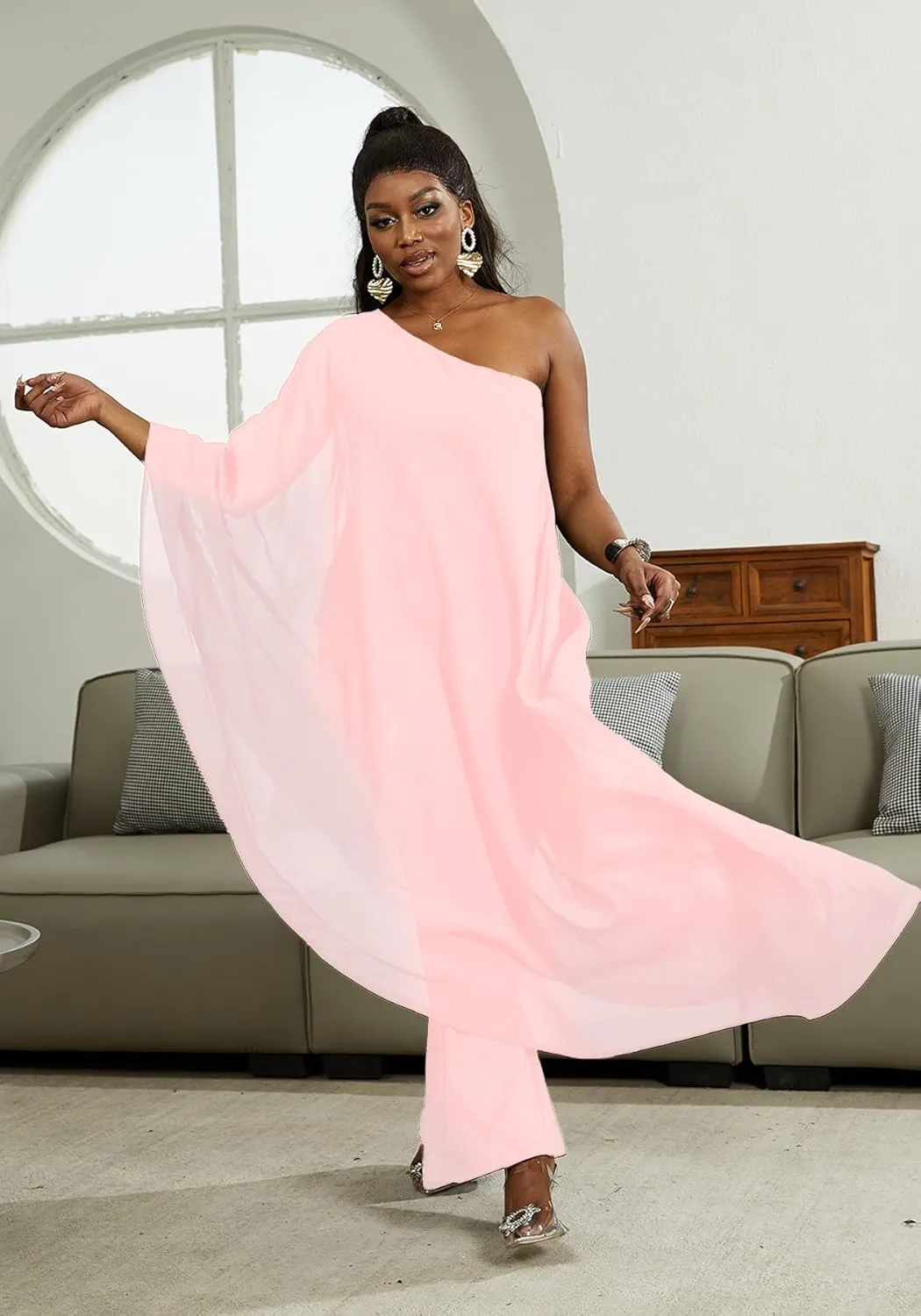 LAJIOJIO Women's One Shoulder Asymmetric Ruffle Loose Long Sleeve Elegant Jumpsuit Wide Leg Long Pants Rompers