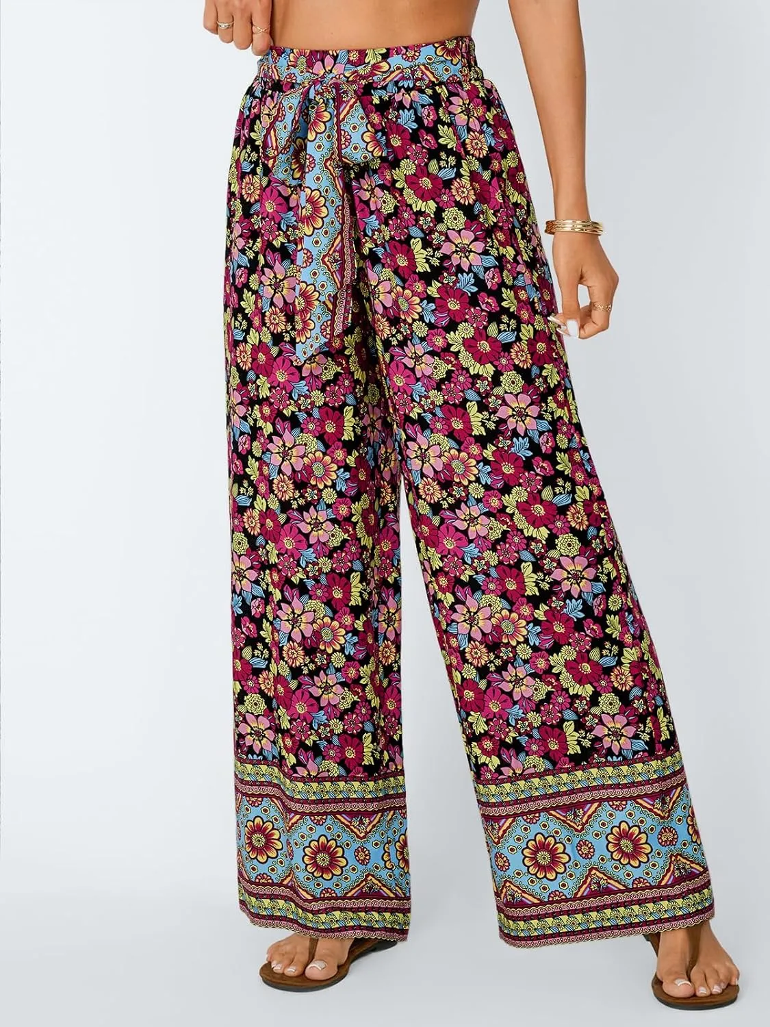 LILLUSORY Womens Boho Wide Leg Pants High Waist Adjustable Casual Palazzo Trousers Floral Beach Vacation Clothes 2025