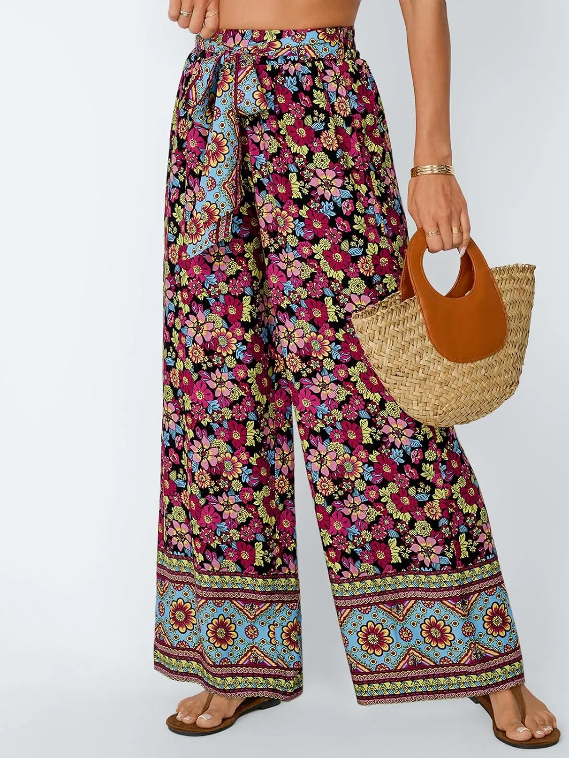 LILLUSORY Womens Boho Wide Leg Pants High Waist Adjustable Casual Palazzo Trousers Floral Beach Vacation Clothes 2025