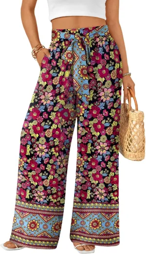 LILLUSORY Womens Boho Wide Leg Pants High Waist Adjustable Casual Palazzo Trousers Floral Beach Vacation Clothes 2025