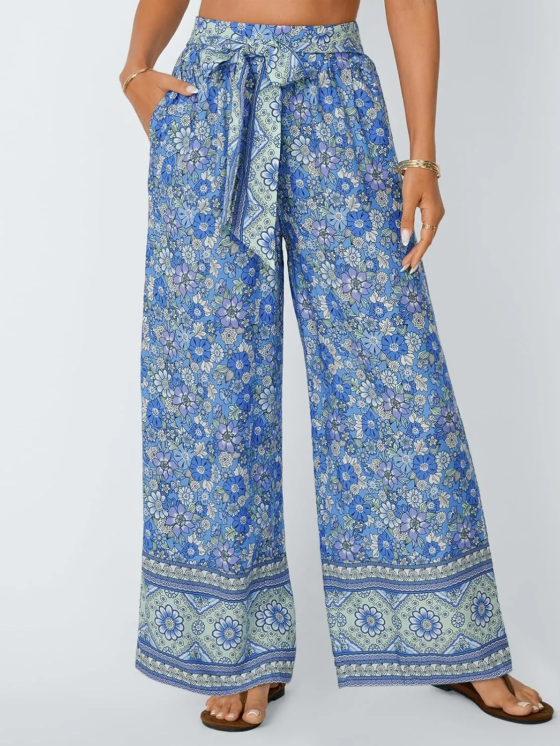 LILLUSORY Womens Boho Wide Leg Pants High Waist Adjustable Casual Palazzo Trousers Floral Beach Vacation Clothes 2025