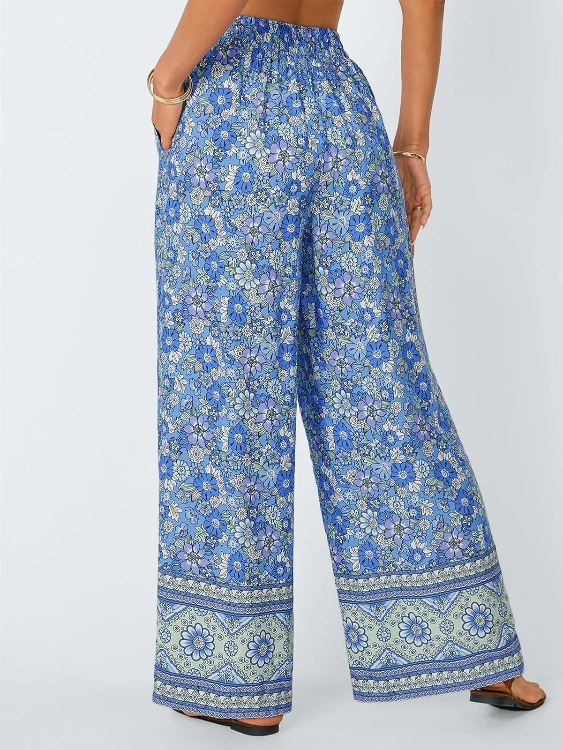 LILLUSORY Womens Boho Wide Leg Pants High Waist Adjustable Casual Palazzo Trousers Floral Beach Vacation Clothes 2025