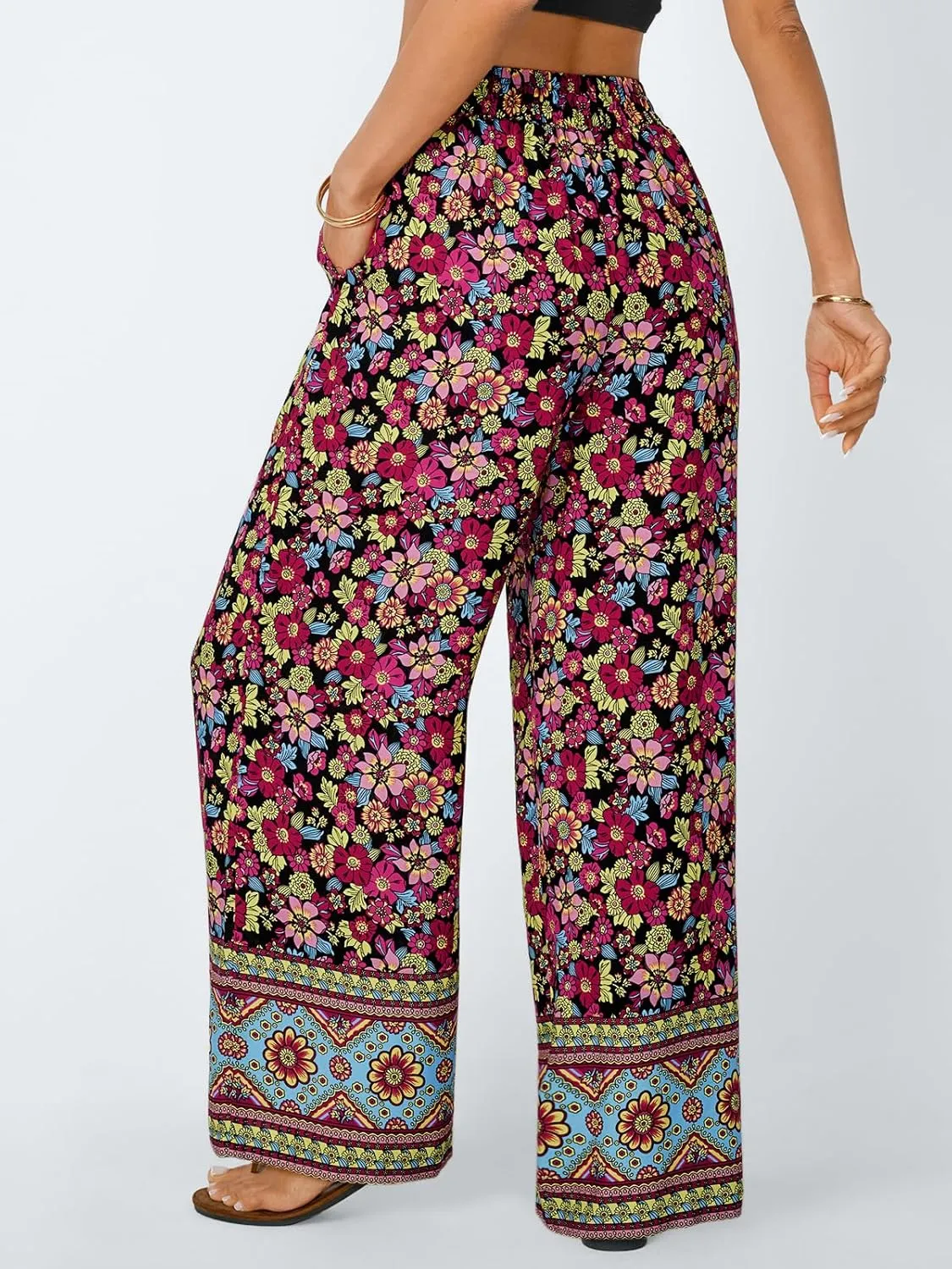 LILLUSORY Womens Boho Wide Leg Pants High Waist Adjustable Casual Palazzo Trousers Floral Beach Vacation Clothes 2025