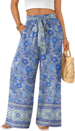 LILLUSORY Womens Boho Wide Leg Pants High Waist Adjustable Casual Palazzo Trousers Floral Beach Vacation Clothes 2025