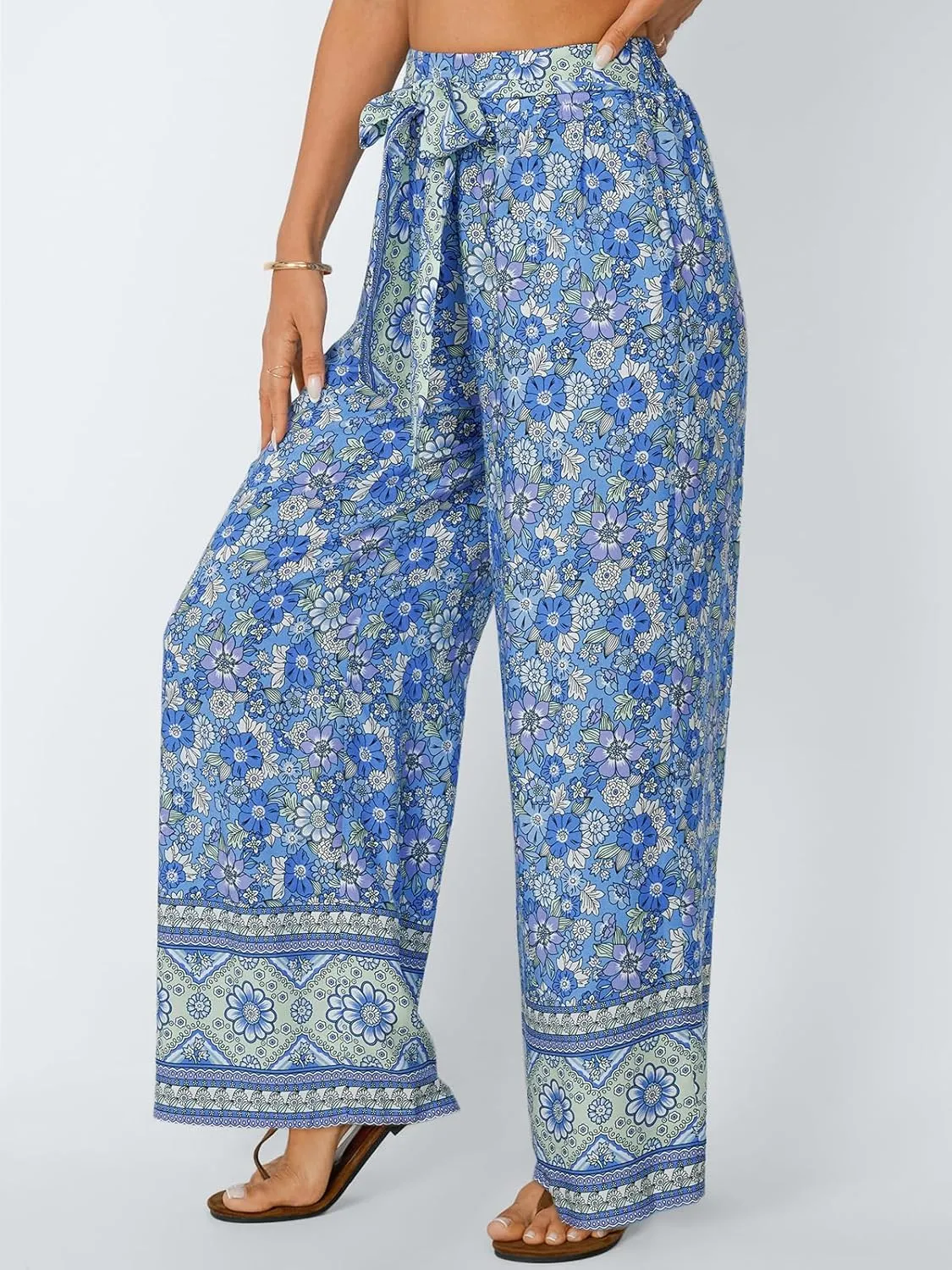 LILLUSORY Womens Boho Wide Leg Pants High Waist Adjustable Casual Palazzo Trousers Floral Beach Vacation Clothes 2025